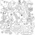 Circus pattern outline doodle anti-stress, various poses and situations, drawing, vector, images, cartoon